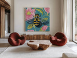 Fuzzy Bee on Floral Wall by Kate Jarvik Birch. Shown as extra-large giant wall art in a modern living room. Available as an archival giclee rolled canvas, fine art paper, or poster print. SKU 98563a.