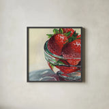 Glass Bowl Of Strawberries by Kate Jarvik Birch. Shown in a sleek black glass frame for a contemporary gallery look. Available as an archival giclee rolled canvas, fine art paper, or poster print. SKU 101992a.