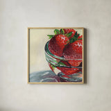 Glass Bowl Of Strawberries by Kate Jarvik Birch. Shown in a natural wood glass frame for a timeless modern aesthetic. Available as an archival giclee rolled canvas, fine art paper, or poster print. SKU 101992a.