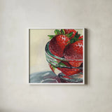 Glass Bowl Of Strawberries by Kate Jarvik Birch. Shown in a crisp white glass frame for a clean and minimalist style. Available as an archival giclee rolled canvas, fine art paper, or poster print. SKU 101992a.