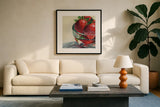 Glass Bowl Of Strawberries by Kate Jarvik Birch. Displayed in a glass frame with matte in a clean modern living room. Available as an archival giclee rolled canvas, fine art paper, or poster print. SKU 101992a.