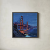 Golden Gate Bridge at Night by Kate Jarvik Birch. Shown in a sleek black glass frame for a contemporary gallery look. Available as an archival giclee rolled canvas, fine art paper, or poster print. SKU 101991a.