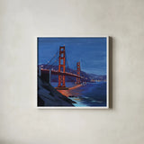 Golden Gate Bridge at Night by Kate Jarvik Birch. Shown in a crisp white glass frame for a clean and minimalist style. Available as an archival giclee rolled canvas, fine art paper, or poster print. SKU 101991a.
