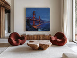 Golden Gate Bridge at Night by Kate Jarvik Birch. Shown as extra-large giant wall art in a modern living room. Available as an archival giclee rolled canvas, fine art paper, or poster print. SKU 101991a.