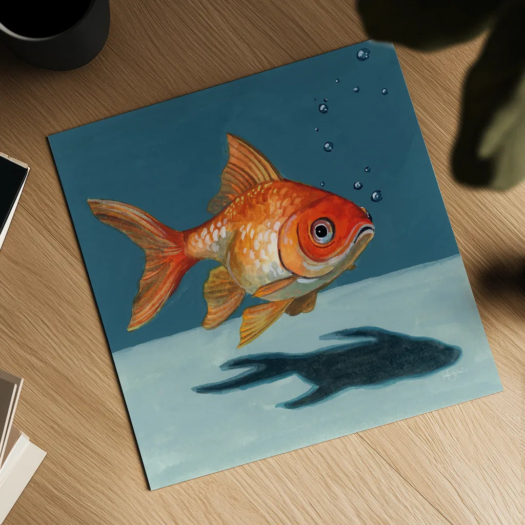 Goldfish Chillin by Kate Jarvik Birch. Shown as a detailed flat fine art print, highlighting archival giclee quality. Available as an archival giclee rolled canvas, fine art paper, or poster print. SKU 98600a.