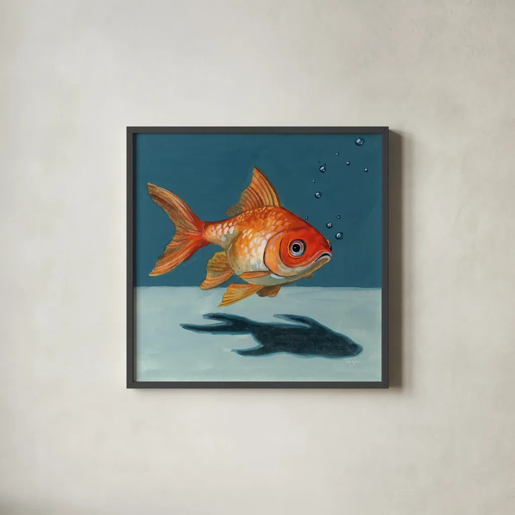 Goldfish Chillin by Kate Jarvik Birch. Shown in a sleek black glass frame for a contemporary gallery look. Available as an archival giclee rolled canvas, fine art paper, or poster print. SKU 98600a.
