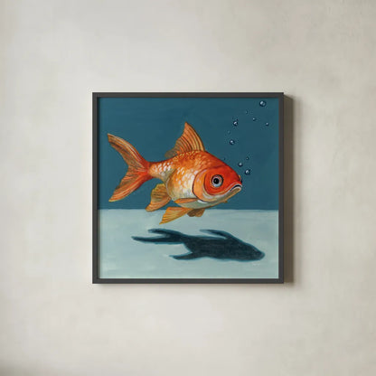 Goldfish Chillin by Kate Jarvik Birch. Shown in a sleek black glass frame for a contemporary gallery look. Available as an archival giclee rolled canvas, fine art paper, or poster print. SKU 98600a.