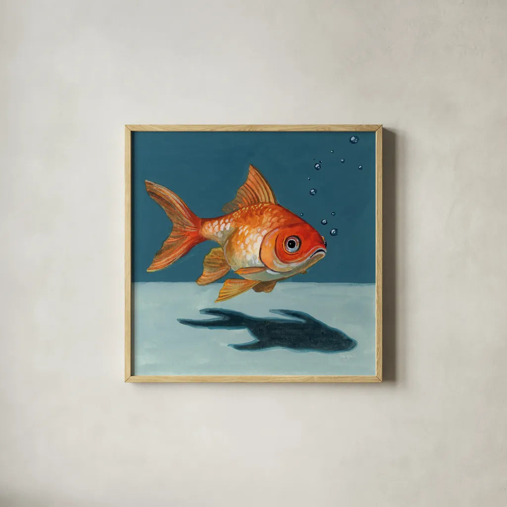 Goldfish Chillin by Kate Jarvik Birch. Shown in a natural wood glass frame for a timeless modern aesthetic. Available as an archival giclee rolled canvas, fine art paper, or poster print. SKU 98600a.