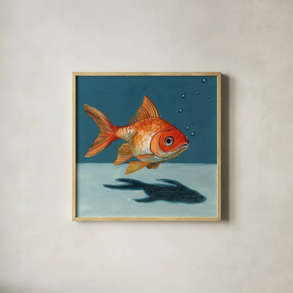 Goldfish Chillin by Kate Jarvik Birch. Shown in a natural wood glass frame for a timeless modern aesthetic. Available as an archival giclee rolled canvas, fine art paper, or poster print. SKU 98600a.