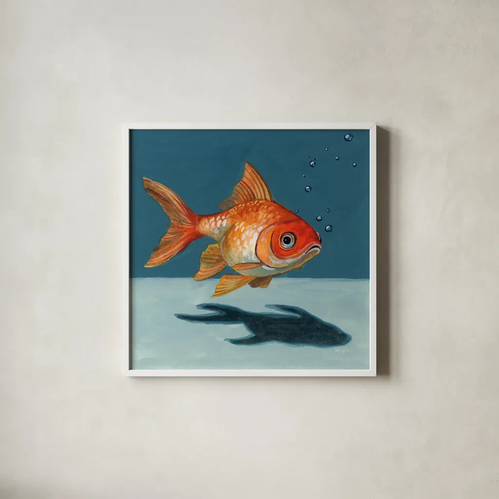 Goldfish Chillin by Kate Jarvik Birch. Shown in a crisp white glass frame for a clean and minimalist style. Available as an archival giclee rolled canvas, fine art paper, or poster print. SKU 98600a.