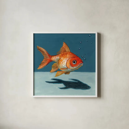 Goldfish Chillin by Kate Jarvik Birch. Shown in a crisp white glass frame for a clean and minimalist style. Available as an archival giclee rolled canvas, fine art paper, or poster print. SKU 98600a.
