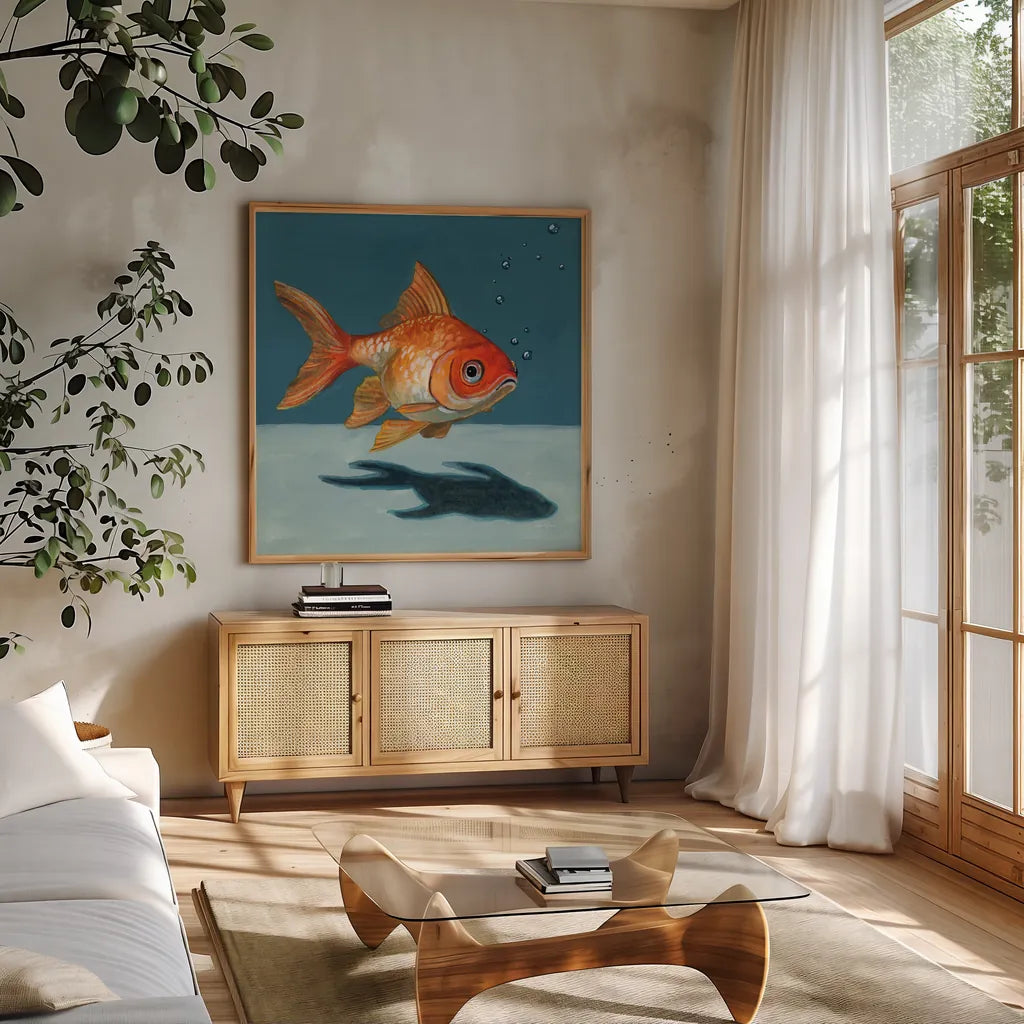 Goldfish Chillin by Kate Jarvik Birch. Shown in a natural wood frame in a cozy modern living room. Available as an archival giclee rolled canvas, fine art paper, or poster print. SKU 98600a.