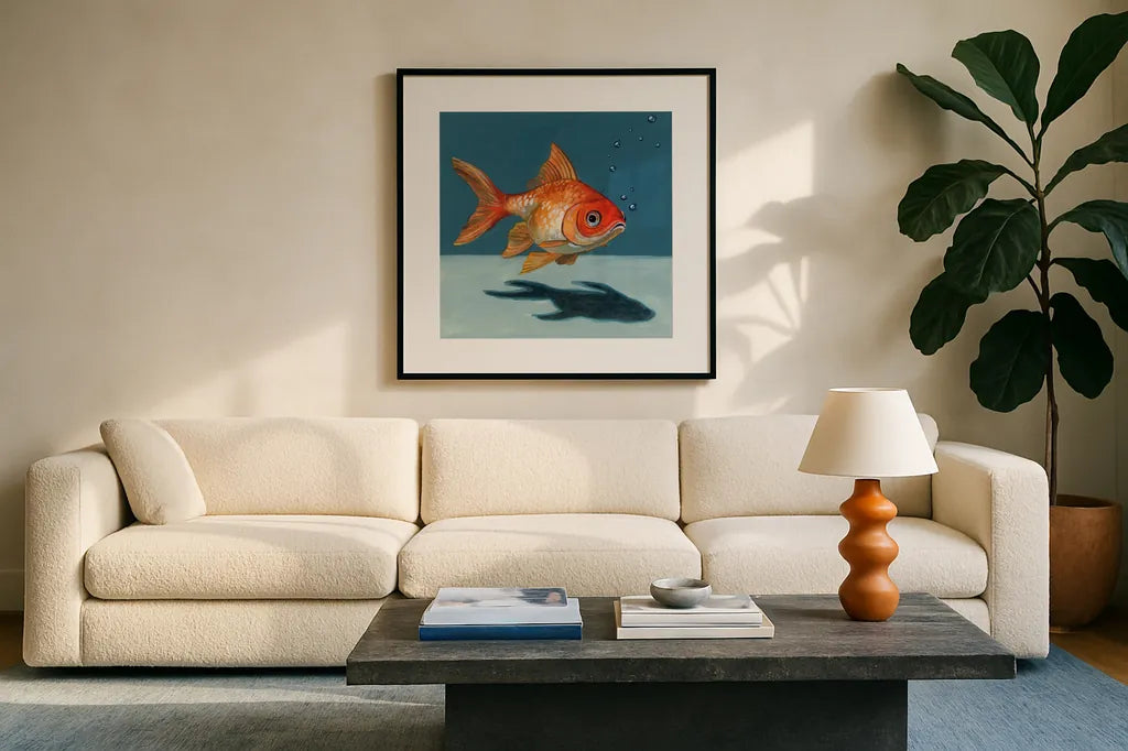 Goldfish Chillin by Kate Jarvik Birch. Displayed in a glass frame with matte in a clean modern living room. Available as an archival giclee rolled canvas, fine art paper, or poster print. SKU 98600a.