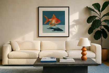 Goldfish Chillin by Kate Jarvik Birch. Displayed in a glass frame with matte in a clean modern living room. Available as an archival giclee rolled canvas, fine art paper, or poster print. SKU 98600a.