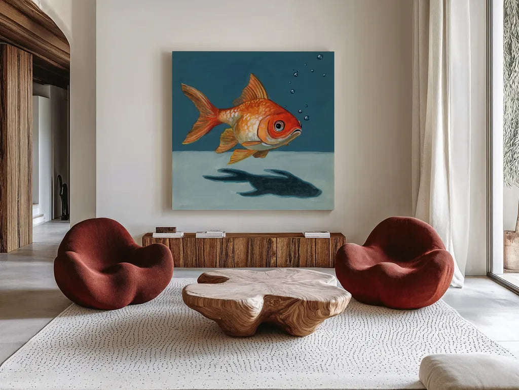 Goldfish Chillin by Kate Jarvik Birch. Shown as extra-large giant wall art in a modern living room. Available as an archival giclee rolled canvas, fine art paper, or poster print. SKU 98600a.