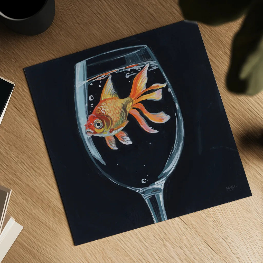 Goldfish In Wine Glass by Kate Jarvik Birch. Shown as a detailed flat fine art print, highlighting archival giclee quality. Available as an archival giclee rolled canvas, fine art paper, or poster print. SKU 98601a.
