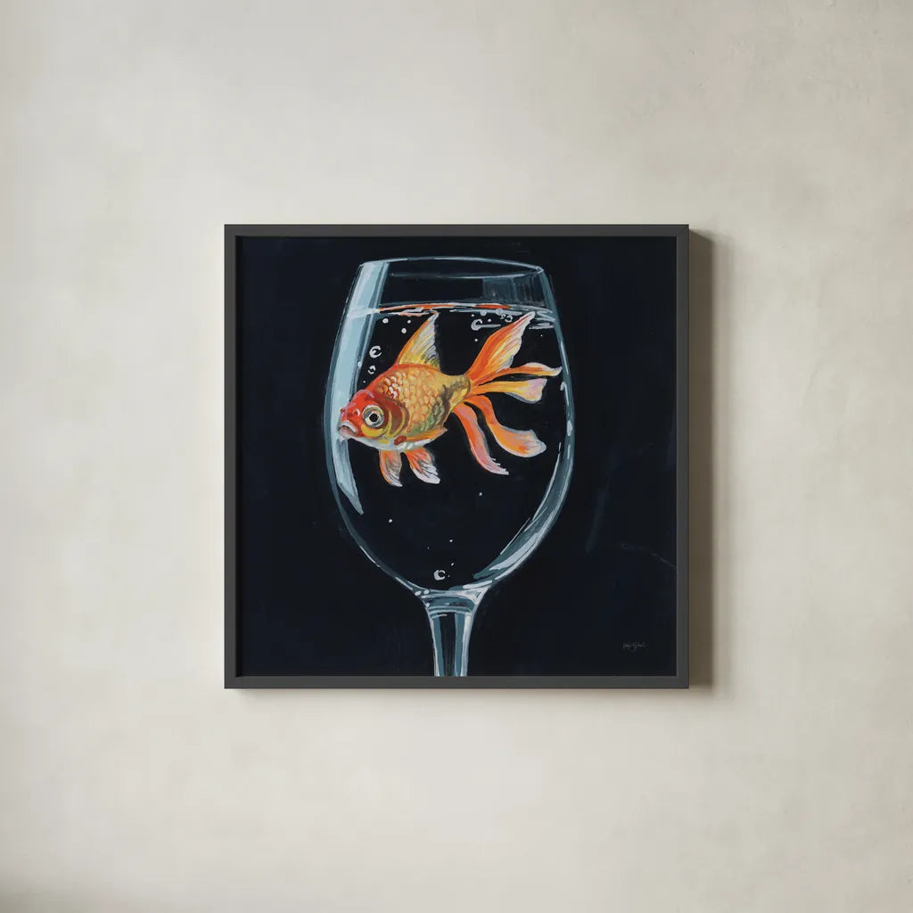 Goldfish In Wine Glass by Kate Jarvik Birch. Shown in a sleek black glass frame for a contemporary gallery look. Available as an archival giclee rolled canvas, fine art paper, or poster print. SKU 98601a.