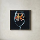 Goldfish In Wine Glass by Kate Jarvik Birch. Shown in a natural wood glass frame for a timeless modern aesthetic. Available as an archival giclee rolled canvas, fine art paper, or poster print. SKU 98601a.