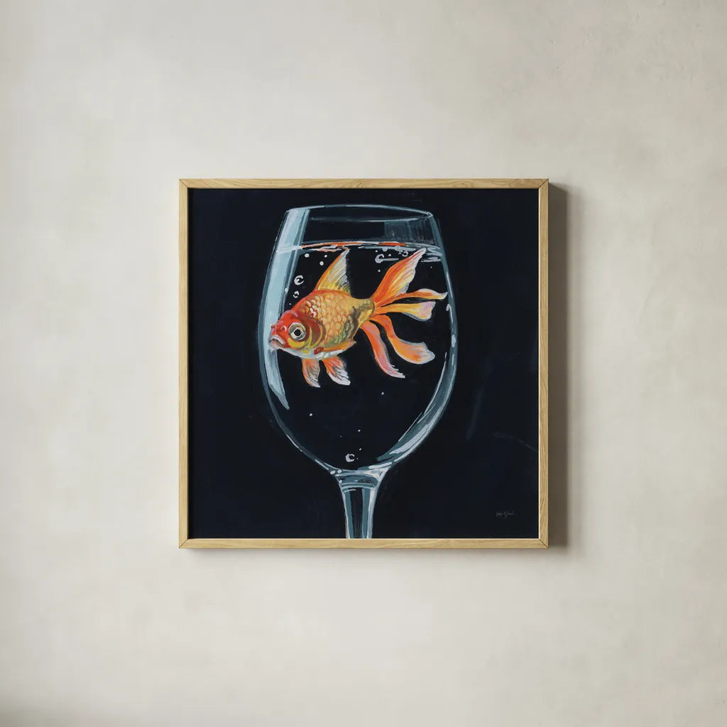 Goldfish In Wine Glass by Kate Jarvik Birch. Shown in a natural wood glass frame for a timeless modern aesthetic. Available as an archival giclee rolled canvas, fine art paper, or poster print. SKU 98601a.