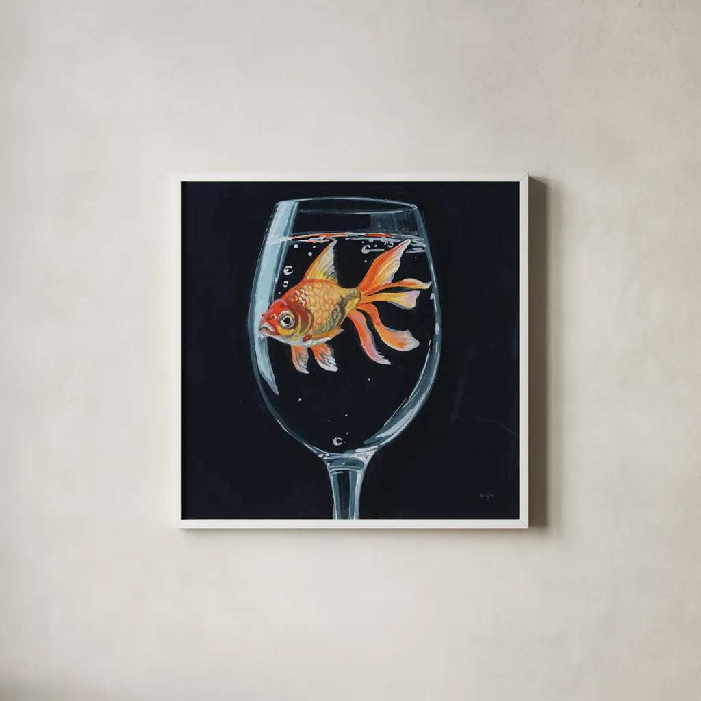 Goldfish In Wine Glass by Kate Jarvik Birch. Shown in a crisp white glass frame for a clean and minimalist style. Available as an archival giclee rolled canvas, fine art paper, or poster print. SKU 98601a.