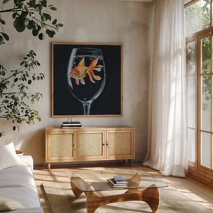 Goldfish In Wine Glass by Kate Jarvik Birch. Shown in a natural wood frame in a cozy modern living room. Available as an archival giclee rolled canvas, fine art paper, or poster print. SKU 98601a.