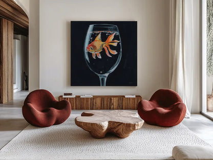 Goldfish In Wine Glass by Kate Jarvik Birch. Shown as extra-large giant wall art in a modern living room. Available as an archival giclee rolled canvas, fine art paper, or poster print. SKU 98601a.