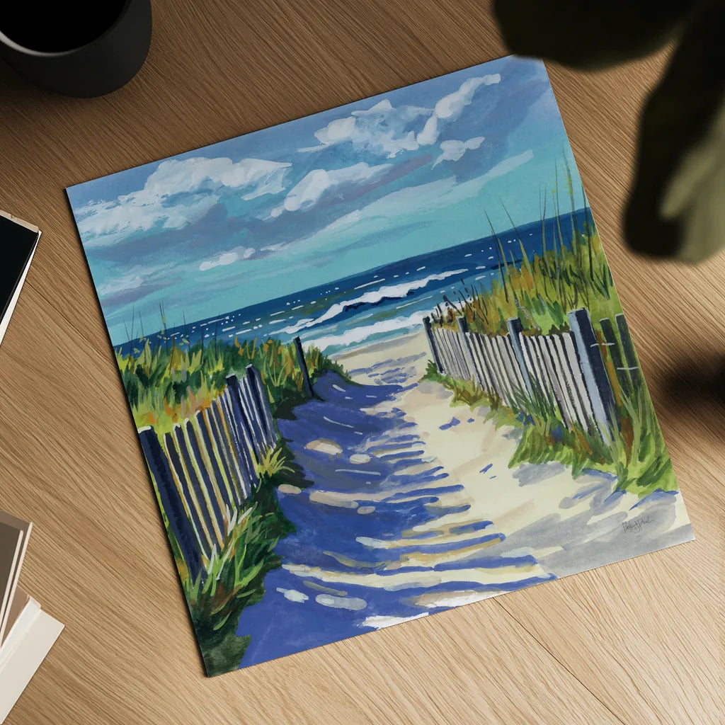 Grassy Path To The Beach I by Kate Jarvik Birch. Shown as a detailed flat fine art print, highlighting archival giclee quality. Available as an archival giclee rolled canvas, fine art paper, or poster print. SKU 99684a.