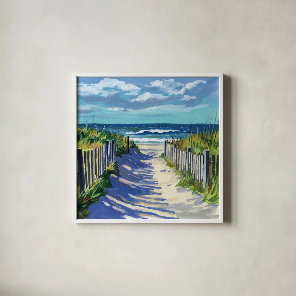 Grassy Path To The Beach I by Kate Jarvik Birch. Shown in a crisp white glass frame for a clean and minimalist style. Available as an archival giclee rolled canvas, fine art paper, or poster print. SKU 99684a.