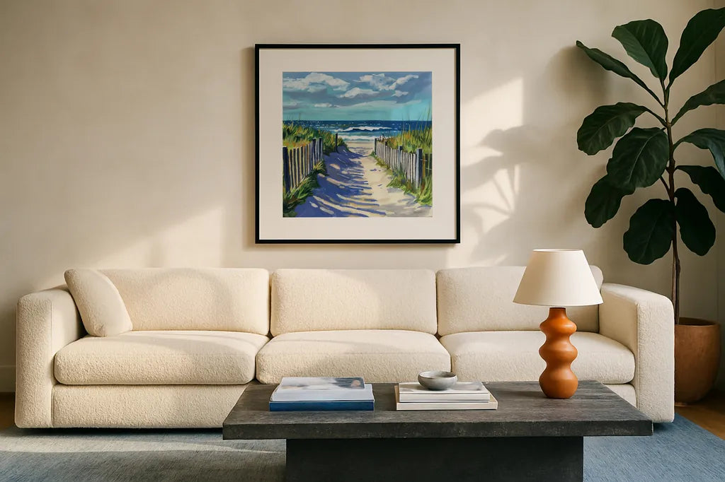 Grassy Path To The Beach I by Kate Jarvik Birch. Displayed in a glass frame with matte in a clean modern living room. Available as an archival giclee rolled canvas, fine art paper, or poster print. SKU 99684a.