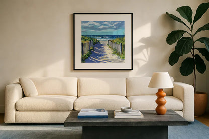 Grassy Path To The Beach I by Kate Jarvik Birch. Displayed in a glass frame with matte in a clean modern living room. Available as an archival giclee rolled canvas, fine art paper, or poster print. SKU 99684a.