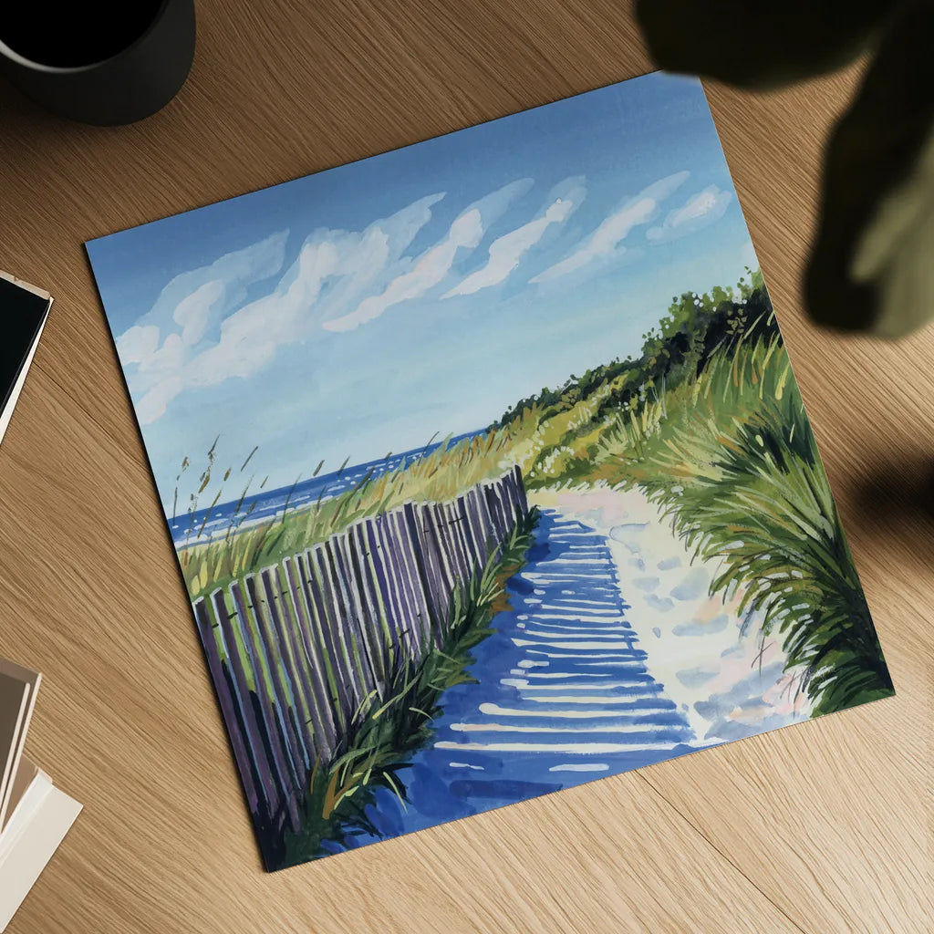 Grassy Path To The Beach II by Kate Jarvik Birch. Shown as a detailed flat fine art print, highlighting archival giclee quality. Available as an archival giclee rolled canvas, fine art paper, or poster print. SKU 99685a.