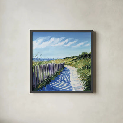 Grassy Path To The Beach II by Kate Jarvik Birch. Shown in a sleek black glass frame for a contemporary gallery look. Available as an archival giclee rolled canvas, fine art paper, or poster print. SKU 99685a.