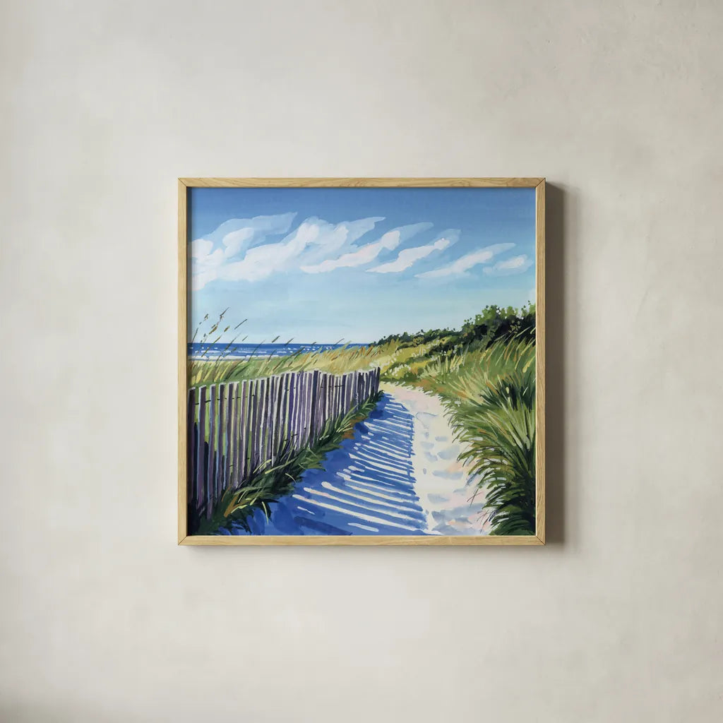 Grassy Path To The Beach II by Kate Jarvik Birch. Shown in a natural wood glass frame for a timeless modern aesthetic. Available as an archival giclee rolled canvas, fine art paper, or poster print. SKU 99685a.