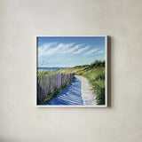 Grassy Path To The Beach II by Kate Jarvik Birch. Shown in a crisp white glass frame for a clean and minimalist style. Available as an archival giclee rolled canvas, fine art paper, or poster print. SKU 99685a.