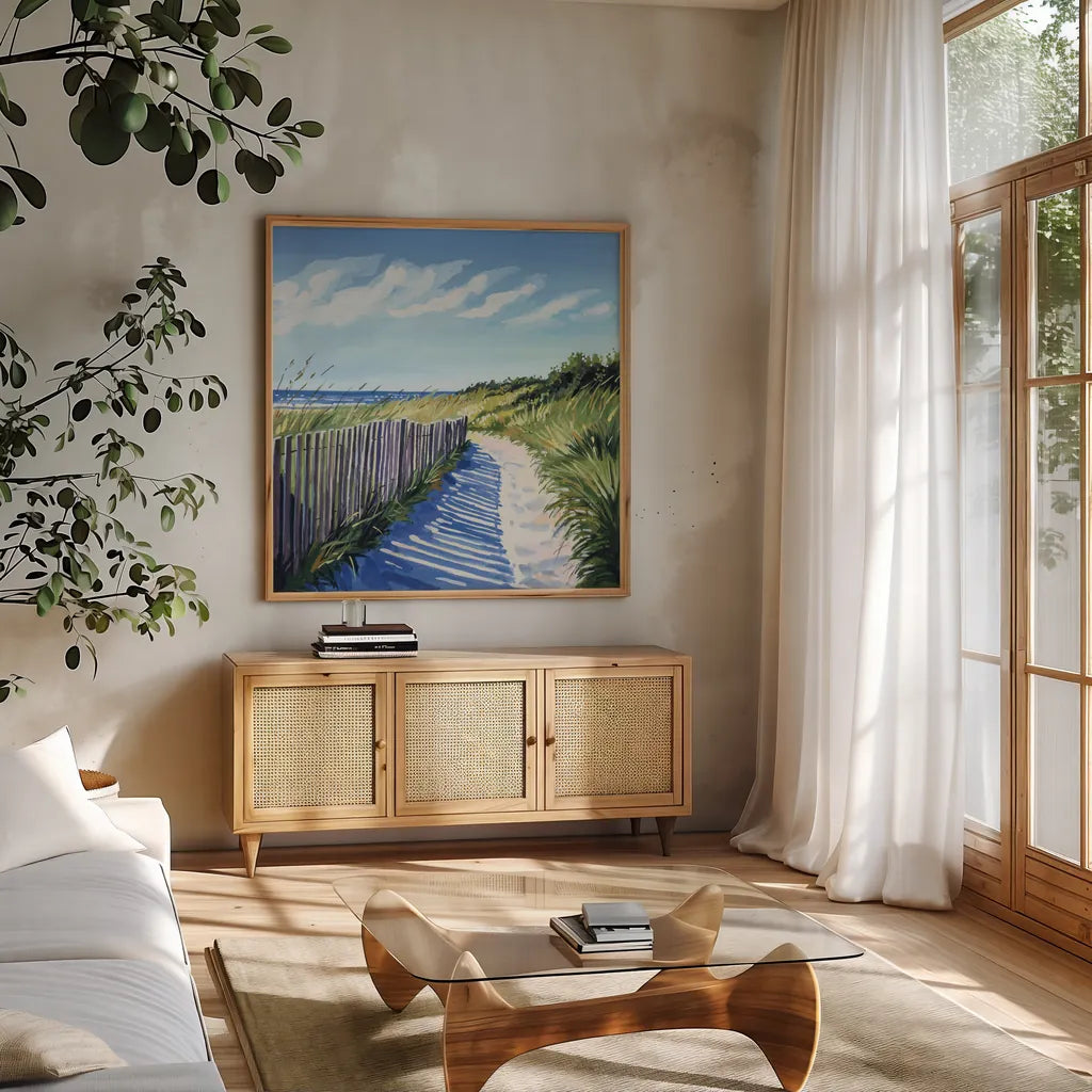Grassy Path To The Beach II by Kate Jarvik Birch. Shown in a natural wood frame in a cozy modern living room. Available as an archival giclee rolled canvas, fine art paper, or poster print. SKU 99685a.