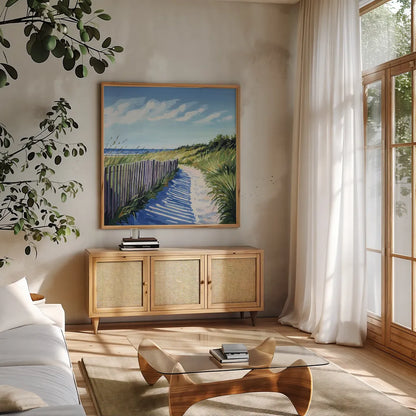 Grassy Path To The Beach II by Kate Jarvik Birch. Shown in a natural wood frame in a cozy modern living room. Available as an archival giclee rolled canvas, fine art paper, or poster print. SKU 99685a.