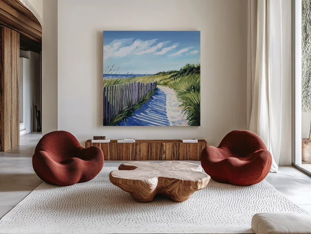Grassy Path To The Beach II by Kate Jarvik Birch. Shown as extra-large giant wall art in a modern living room. Available as an archival giclee rolled canvas, fine art paper, or poster print. SKU 99685a.