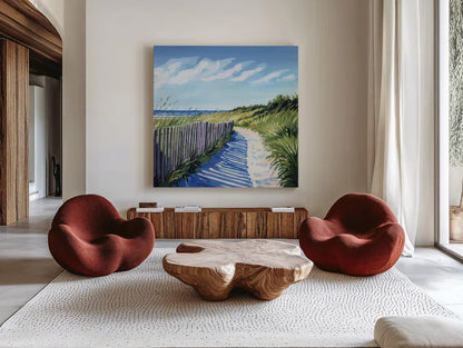 Grassy Path To The Beach II by Kate Jarvik Birch. Shown as extra-large giant wall art in a modern living room. Available as an archival giclee rolled canvas, fine art paper, or poster print. SKU 99685a.