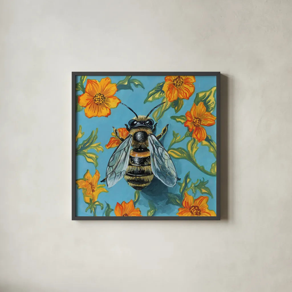 Honeybee on The Wall by Kate Jarvik Birch. Shown in a sleek black glass frame for a contemporary gallery look. Available as an archival giclee rolled canvas, fine art paper, or poster print. SKU 98605a.