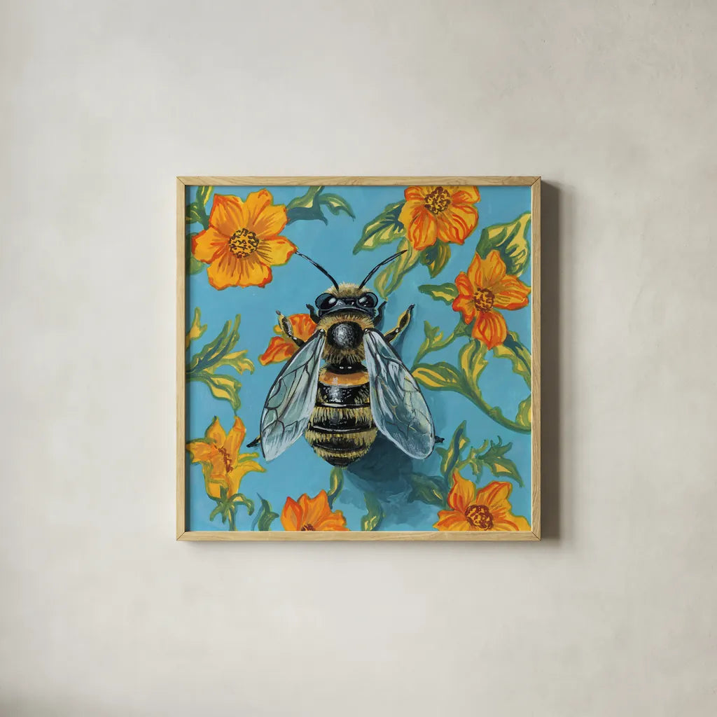 Honeybee on The Wall by Kate Jarvik Birch. Shown in a natural wood glass frame for a timeless modern aesthetic. Available as an archival giclee rolled canvas, fine art paper, or poster print. SKU 98605a.