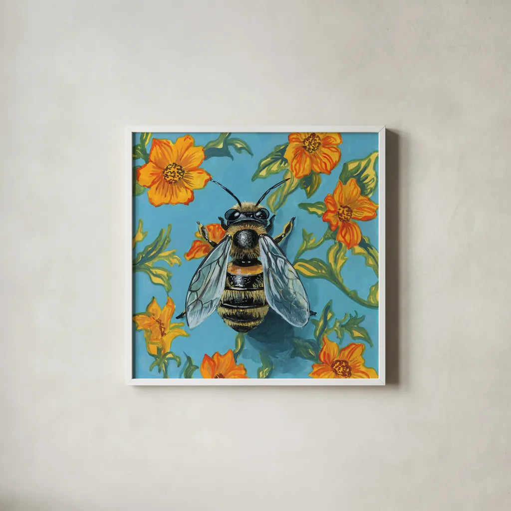 Honeybee on The Wall by Kate Jarvik Birch. Shown in a crisp white glass frame for a clean and minimalist style. Available as an archival giclee rolled canvas, fine art paper, or poster print. SKU 98605a.