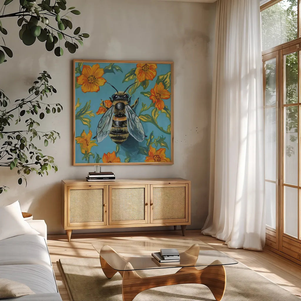Honeybee on The Wall by Kate Jarvik Birch. Shown in a natural wood frame in a cozy modern living room. Available as an archival giclee rolled canvas, fine art paper, or poster print. SKU 98605a.