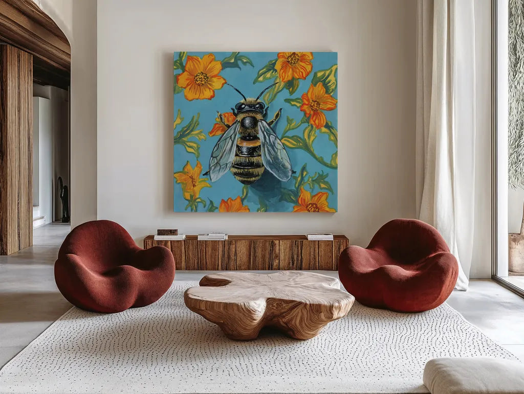 Honeybee on The Wall by Kate Jarvik Birch. Shown as extra-large giant wall art in a modern living room. Available as an archival giclee rolled canvas, fine art paper, or poster print. SKU 98605a.