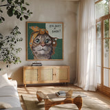 Just a Baby Cat by Kate Jarvik Birch. Shown in a natural wood frame in a cozy modern living room. Available as an archival giclee rolled canvas, fine art paper, or poster print. SKU 104152a.
