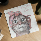 Just a Baby Cat Pink by Kate Jarvik Birch. Shown as a detailed flat fine art print, highlighting archival giclee quality. Available as an archival giclee rolled canvas, fine art paper, or poster print. SKU 104153a.