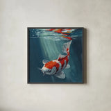 Koi Fish in a Sun Beam by Kate Jarvik Birch. Shown in a sleek black glass frame for a contemporary gallery look. Available as an archival giclee rolled canvas, fine art paper, or poster print. SKU 101989a.