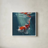 Koi Fish in a Sun Beam by Kate Jarvik Birch. Shown in a crisp white glass frame for a clean and minimalist style. Available as an archival giclee rolled canvas, fine art paper, or poster print. SKU 101989a.