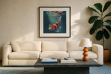 Koi Fish in a Sun Beam by Kate Jarvik Birch. Displayed in a glass frame with matte in a clean modern living room. Available as an archival giclee rolled canvas, fine art paper, or poster print. SKU 101989a.