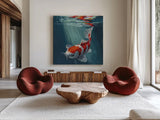 Koi Fish in a Sun Beam by Kate Jarvik Birch. Shown as extra-large giant wall art in a modern living room. Available as an archival giclee rolled canvas, fine art paper, or poster print. SKU 101989a.