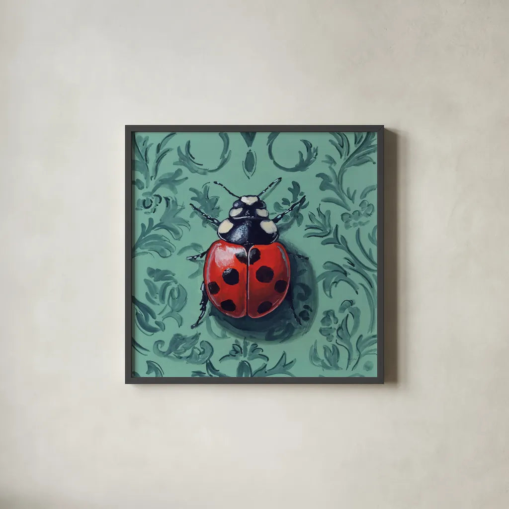 Ladybug In The Parlor Room by Kate Jarvik Birch. Shown in a sleek black glass frame for a contemporary gallery look. Available as an archival giclee rolled canvas, fine art paper, or poster print. SKU 98626a.